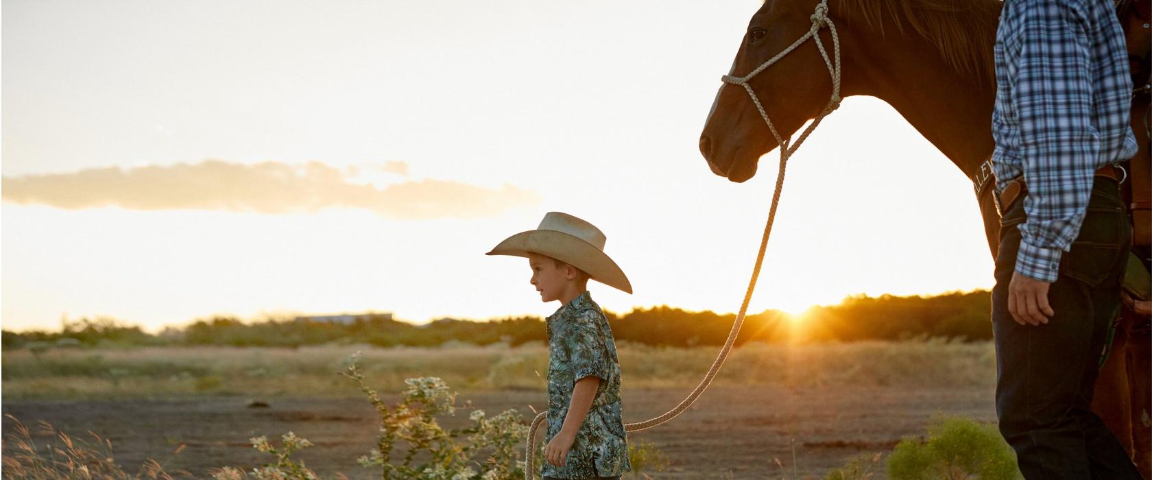 boy walking a horse in front of sunset
